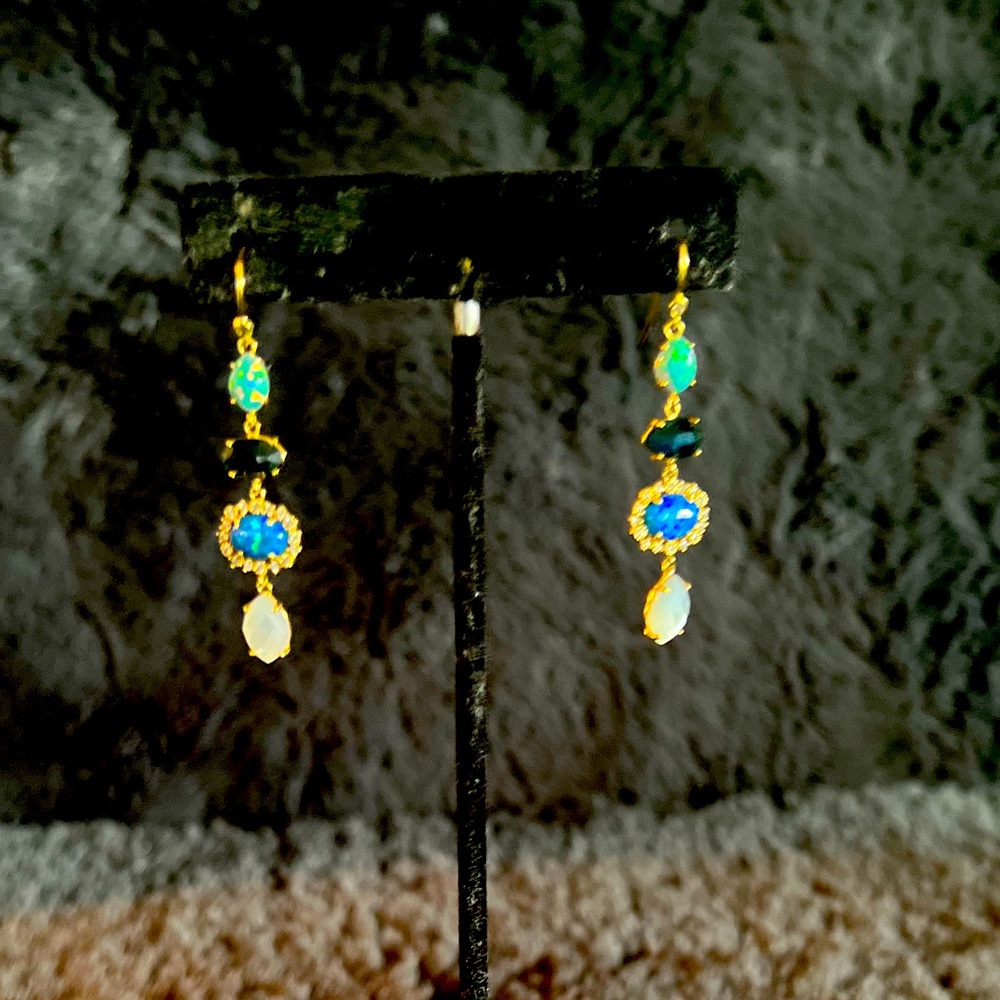ANTHROPOLOGIE GOLD CHANDELIER BLUE OPAL EARINGS